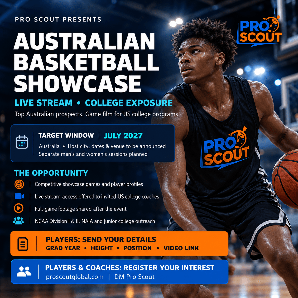 Pro Scout Australian Basketball Showcase flyer: live stream and college exposure, target window July 2027, separate men's and women's sessions